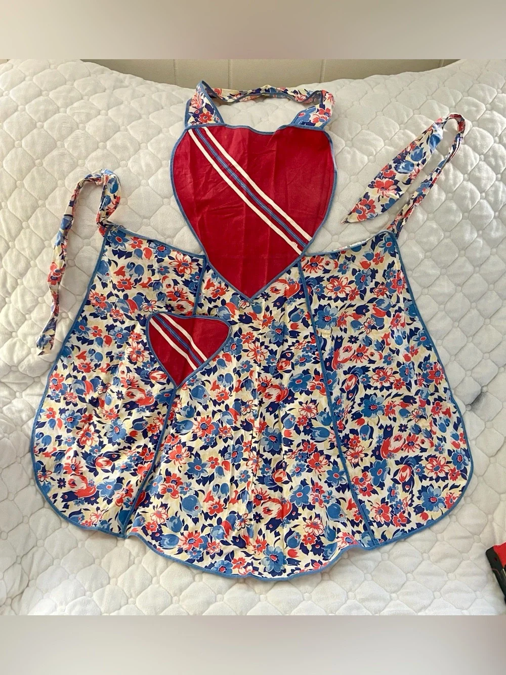 Vintage 50’s Apron with Red Heart Bib with diagonal stripes and floral apron